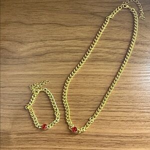 Chic Gold Necklace and Bracelet Set with Red Highlights